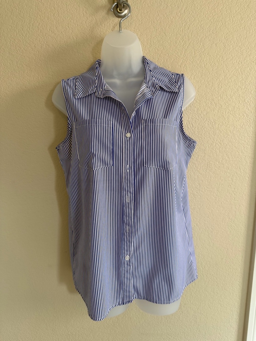 Notations Blue and White Striped Sleeveless Button-Up Blouse